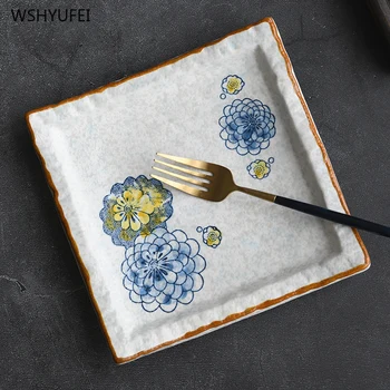

7.5 inch hand-painted chrysanthemum square gilt ceramic dish tableware sashimi plate sushi snack cake steak salad flat plate