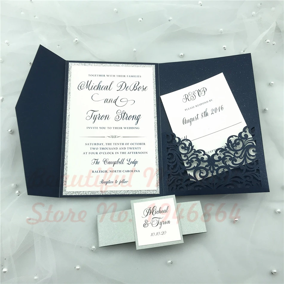 50pcs royal blue Laser Cut tri fold Wedding Invitation Cards Kit  Personalized Pocket Invite Customized RSVP with Belly band|Cards &  Invitations| - AliExpress
