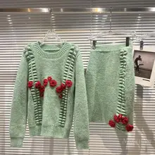 Knitwear Sets Women 2021 Winter New Knitted Little Flower Pull Sweater + Elastic Waist Stretch Skirt Female Fashion Two Pieces