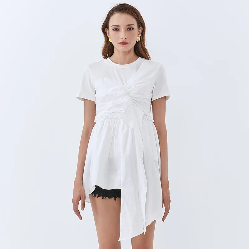 TWOTWINSTYLE Patchwork Ruffle Women Tops O Neck Short Sleeve High Waist Irregular Hem White T Shirt Female Fashion New Tide 2020 TWOTWINSTYLE Patchwork Ruffle Women Tops O Neck Short Sleeve High Waist Irregular Hem White T Shirt Female Fashion New Tide 2020