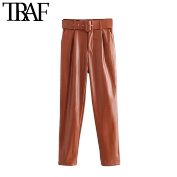 

TRAF Women Vintage Chic PU Faux Leather With Belt High Waist Pants Fashion Zipper Fly Side Pockets Female Trousers Pantalones