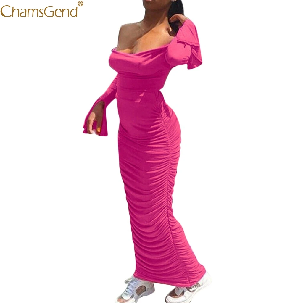 Women Solid Off Shoulder Long Flare Maxi Dresses For Women Elegant Long Sexy Dress Solid Sheath Dresses Woman Party Night Aug
