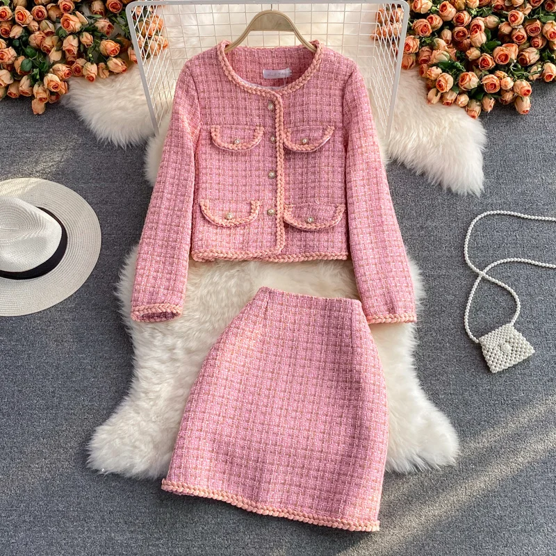 

High Quality Wool Blends Tweed 2 Piece Set Women Short Jacket + Mini Bodycon Skirts Autumn Winter Fashion Casual Plaid Suit
