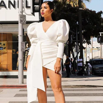 

Women Dress Spring Mini Dress Long Sleeve Dress Sexy Bow Sashes Bandage Dress V-neck High Waist Office Dress Elegant Work Dress