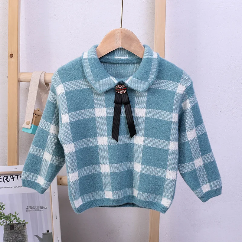 

Childrenswear 19 Autumn And Winter Korean-style Pullover Bow CHILDREN'S Sweater Girls Plaid Sweater Mink Cashmere