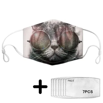 

Dust Mouth Mask Cat With Glasses Pattern Face Mask With 7pcs PM2.5 Filter Paper Unisex Soft Breathable Masque Polyester Masky