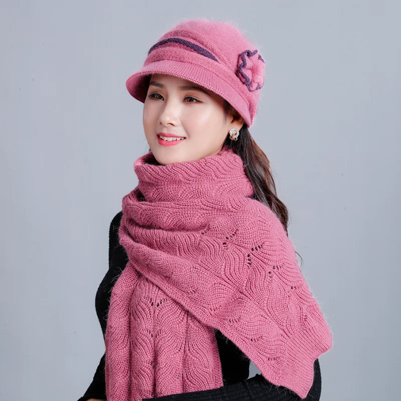 New Winter Women Rabbit Fur Hat Scarf Set Lady Warm Wool Knitted Plush Hat Scarf Crochet Sets Beanie Mother Caps Scarf Shawl Gif