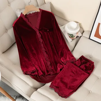 

Women Autumn Winter Sleepwear Long Sleeve Casual Nightwear Pyjamas Suit Loose Home Clothes Lace Trim Sleep Velvet Pajamas Set