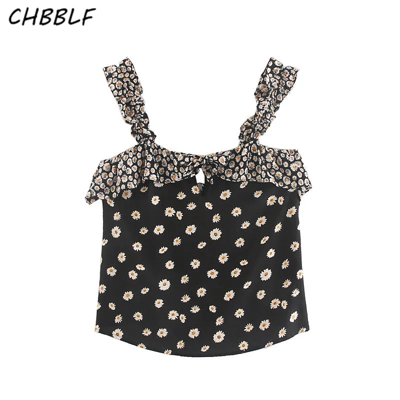 CHBBLF women stylish ruffled floral print blouse sleeveless bow tie square collar backless female chic casual top blusas WEL2004
