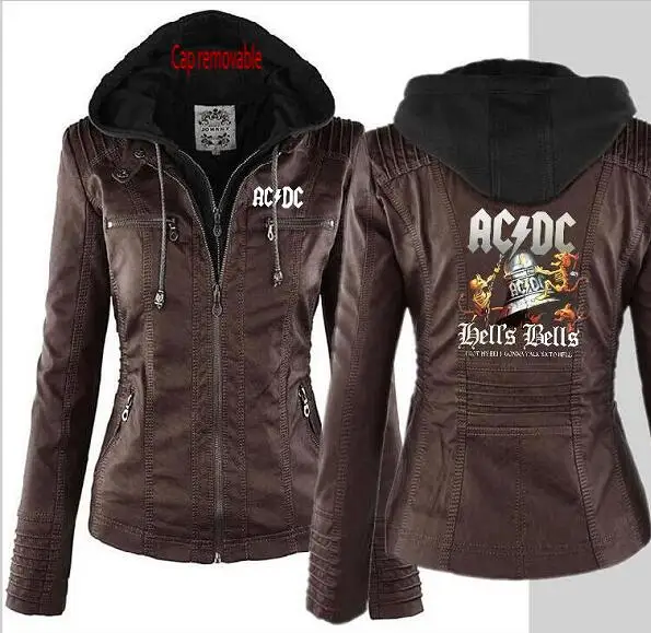 Коричневый Модная Группа acdc кожаная куртка женская Съемная с капюшоном кожа мотоцикл Черный Рок Костюм Искусственная кожа полиуретан куртка - Цвет: Коричневый