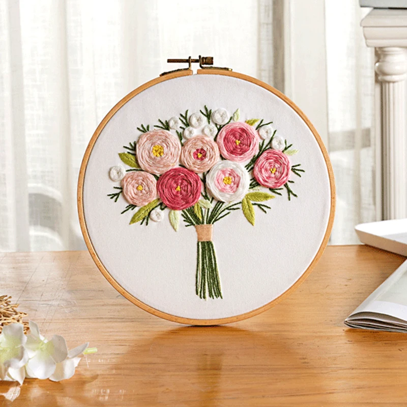 Embroidery Set Embroidery Kits Embroidery Hoop Floral Bouquet Patterns Embroidery Kit DIY Handcraft Cross Stitch Set Materials Package Embroidery Hoop Sewing Supplies Decor