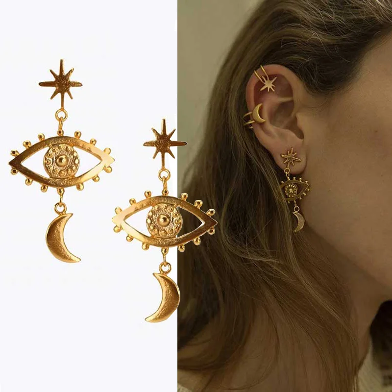 

2019 New Engraved Evil Eye Star Moon Long Dangle Earrings For Women Lady's Vintage Jewelry Gold Color Metal Earring