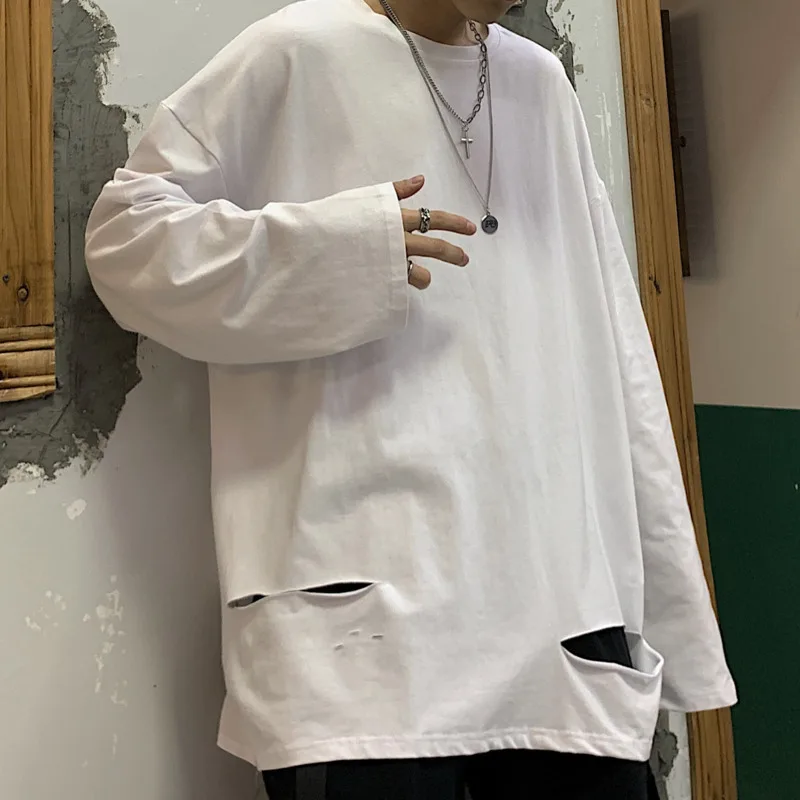 

Hip Hop Hole T Shirt Men's Fashion Solid Color Casual Cotton O-neck T-shirt Men Streetwear Loose Long-sleeved Tshirt Mens Tops