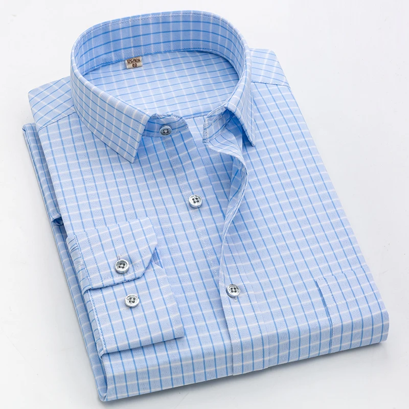 Новинка, мужская повседневная рубашка в клетку, высокое качество, хлопок, с длинным рукавом, мужские рубашки в квадратную клетку, Повседневная рубашка в деловом стиле - Цвет: Light blue grid