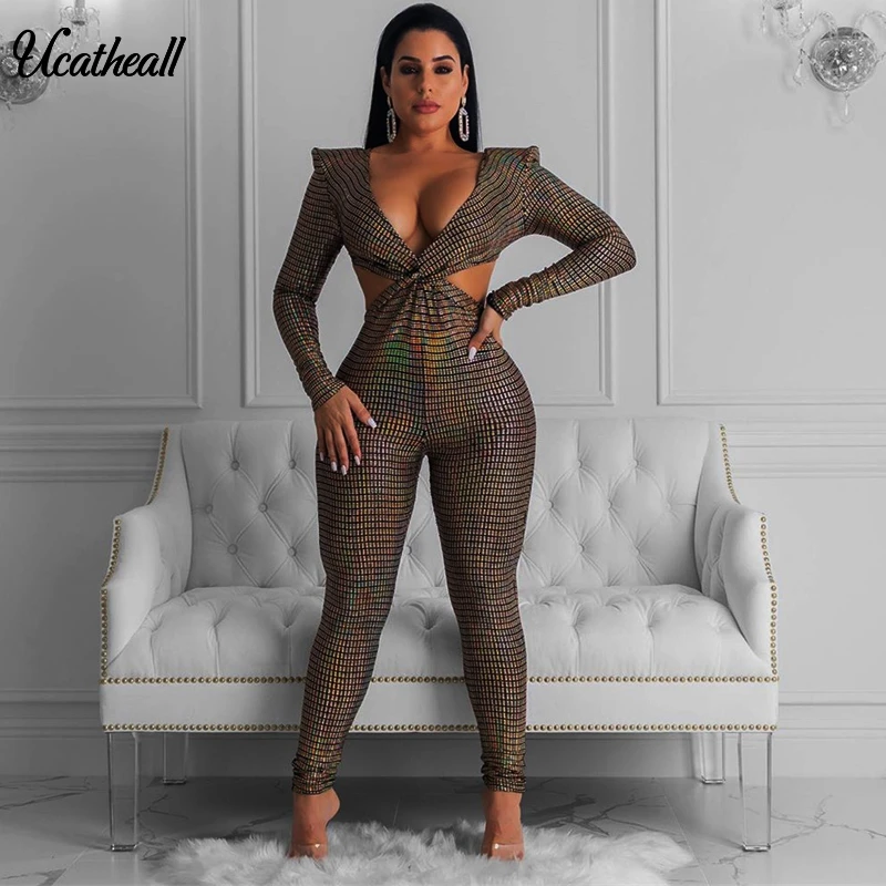 

Deep V Women Jumpsuit Romper Sequin Sexy Jumpsuit Long Pencil Party Club Long Sleeve Ruffle Shoulder Winter Jumpsuit
