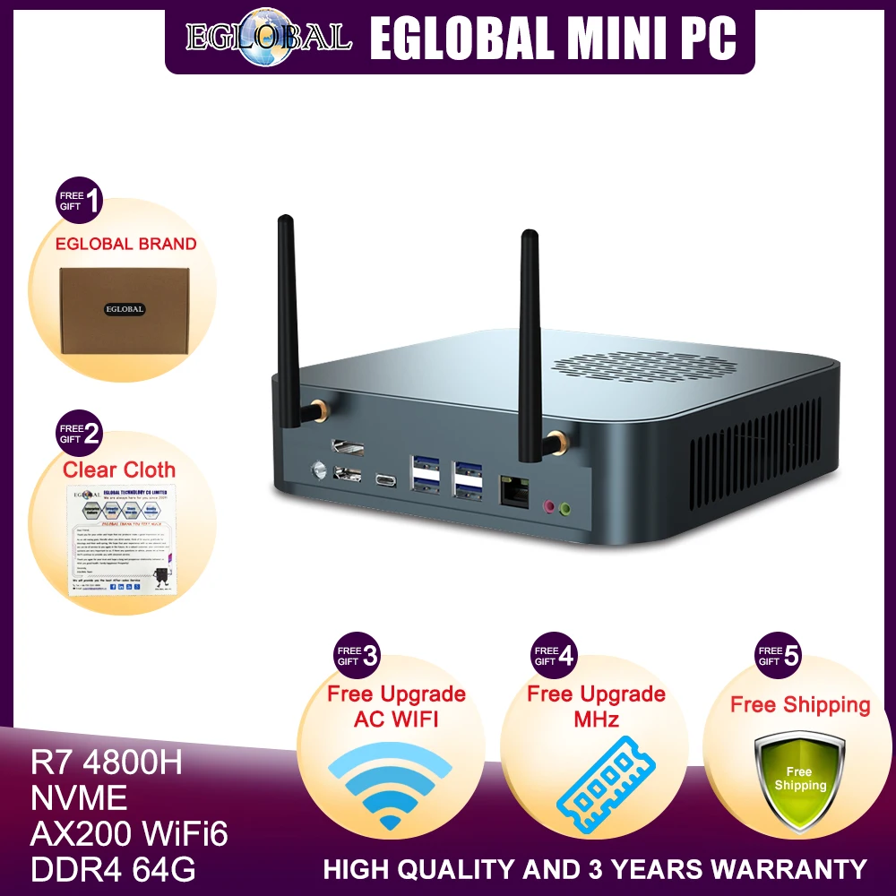 Eglobal 7nm Mini PC AMD Ryzen 7 4800H 8 Core M.2 NVMe juego computadora Windows 10 Pro 4K gráficos Radeon AX200 WiFi6