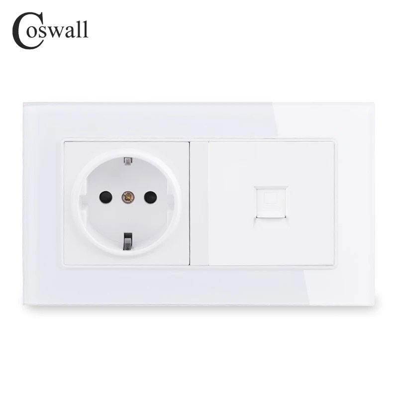 COSWALL 16A Россия Испания ЕС стандартный разъем с заземлением+ 1 банда RJ45 CAT5E интернет компьютер данных разъем закаленное стекло панель