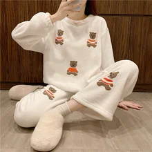 Kawaii Bear Pijamas Set Women Winter Long Sleeved Sleepwear Flannel Coral Fleece Costume Party Cute Outwear Girls Anime Pajamas