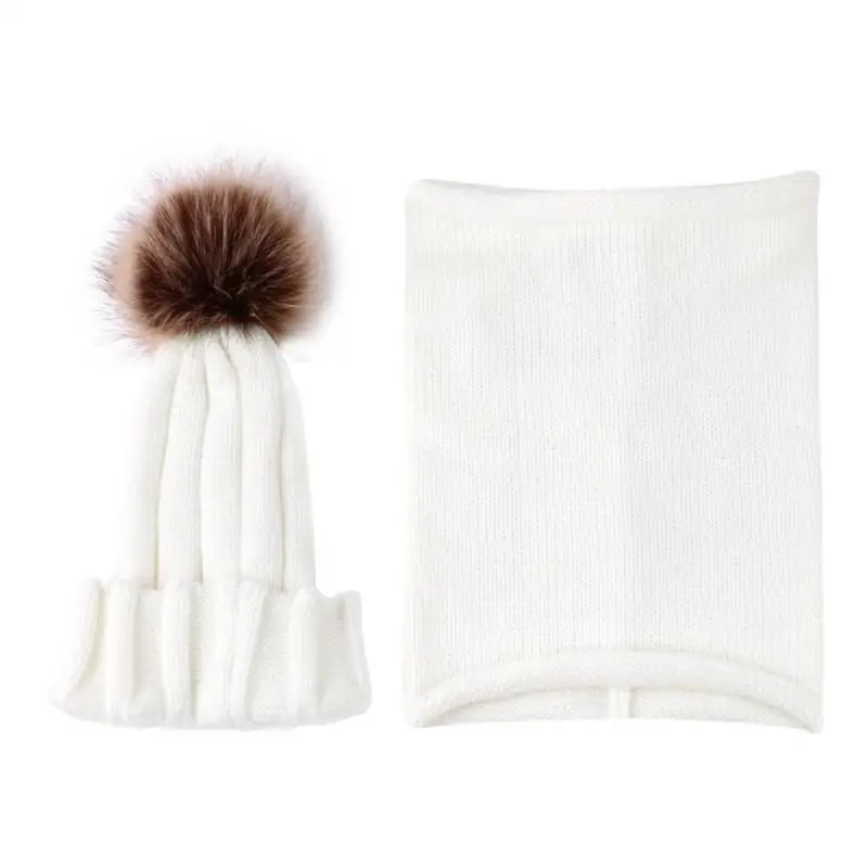 2 шт./компл. симпатичный комплект для новорожденной девочки зимняя теплая вязаная шапка для мальчиков и девочек, детская одежда с помпоном шерстяная шапка и шарф, набор - Цвет: White