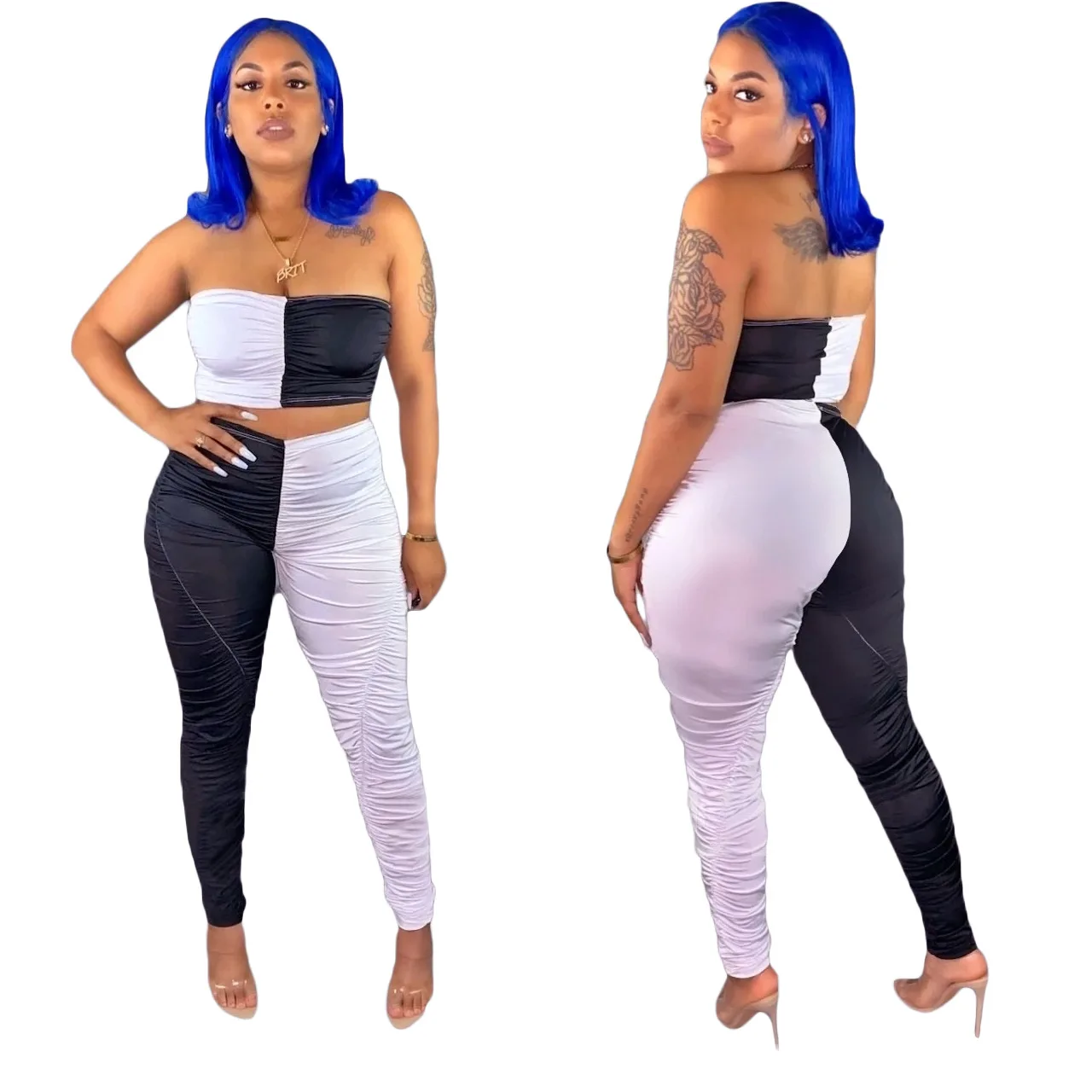 

2020 Summer Women Suit Hot Style Model Sexy Strapless Patchwork Color European And American Fashion Two Piece Set
