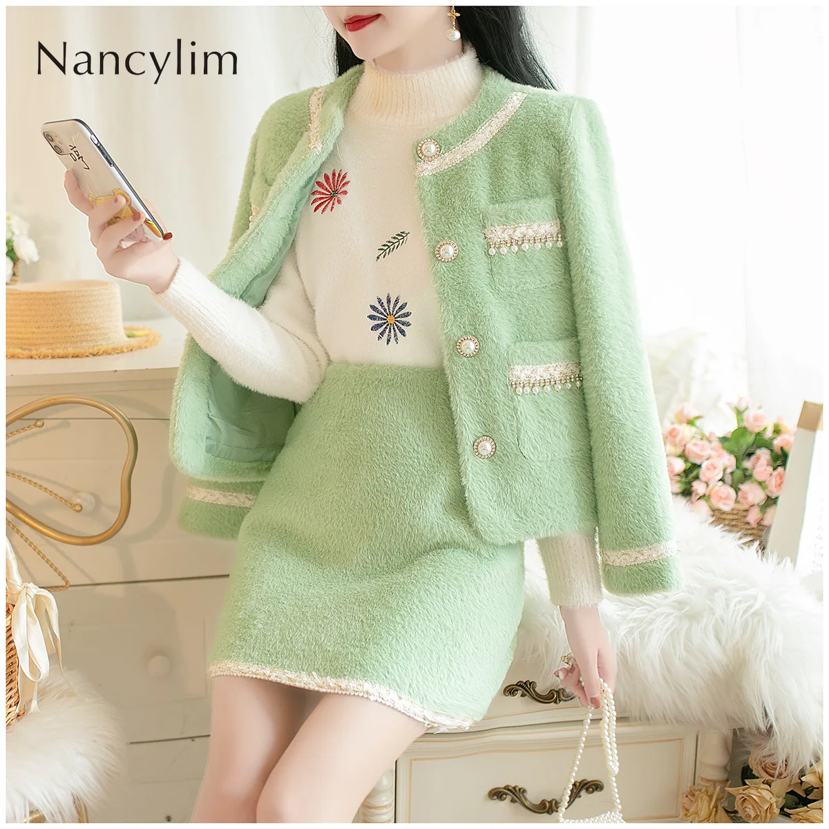 

2019 Autumn Winter New Small Fragrance Soft Mink Green Pearl Bead Coat A-line Skirt Two-piece Set Ladies Ensemble Femme 2 Pieces
