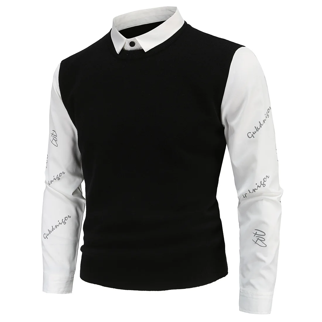 

YM606 British Slim Men's Fall Winter 2021 Two-piece Clothes Solid Color Shirt Collar Printed Sleeve Knit Sweater