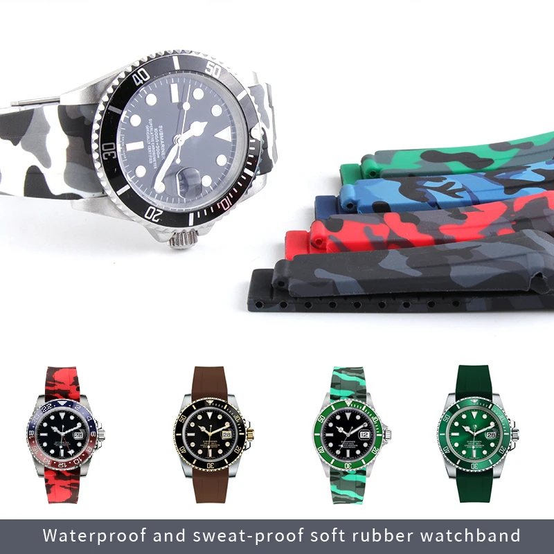 Ceny 20mm gumowy pasek do zegarka kamuflaż do łodzi podwodnej GMT Daytona bransoletka Watchband Oyster Flex Explorer stalowa klamra do Seiko