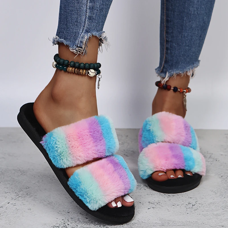 COOTELILI Women Slippers Winter Shoes For Woman Home Slippers Faux Fur Slippers Flat Heel Shoes Rainbow Colorful Size 36-41