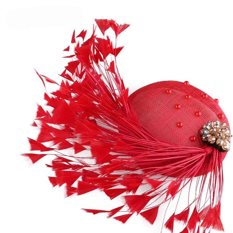 FS Vintage Blue Weddings Hat With Feather Headwear Ladies Elegant Fascinators Hats Big Flower Black Church Derby Red Hats 87