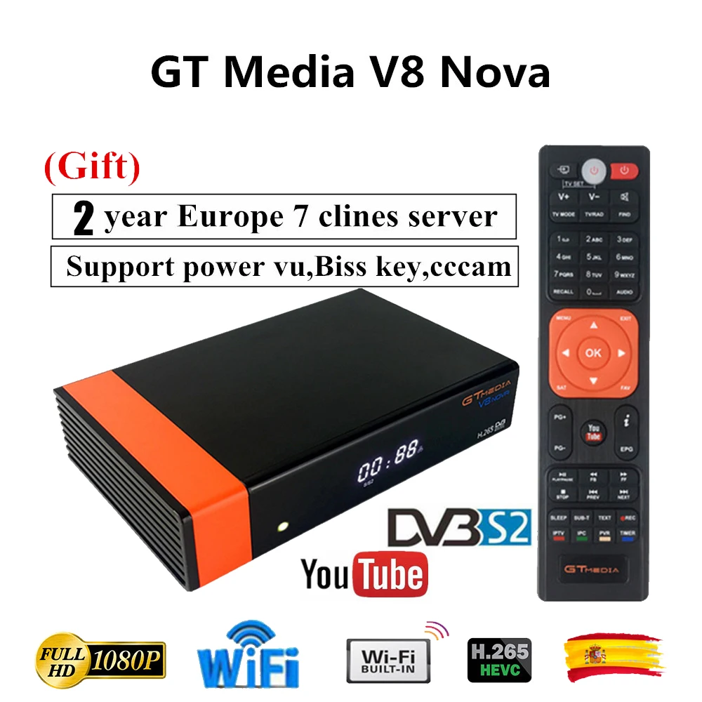 GTMedia V8 Nova DVB-S2 H.265 декодер спутниковый ресивер+ 1 год CCcam 7 clines встроенный wifi цифровой телевизор Испания 4K tv Box