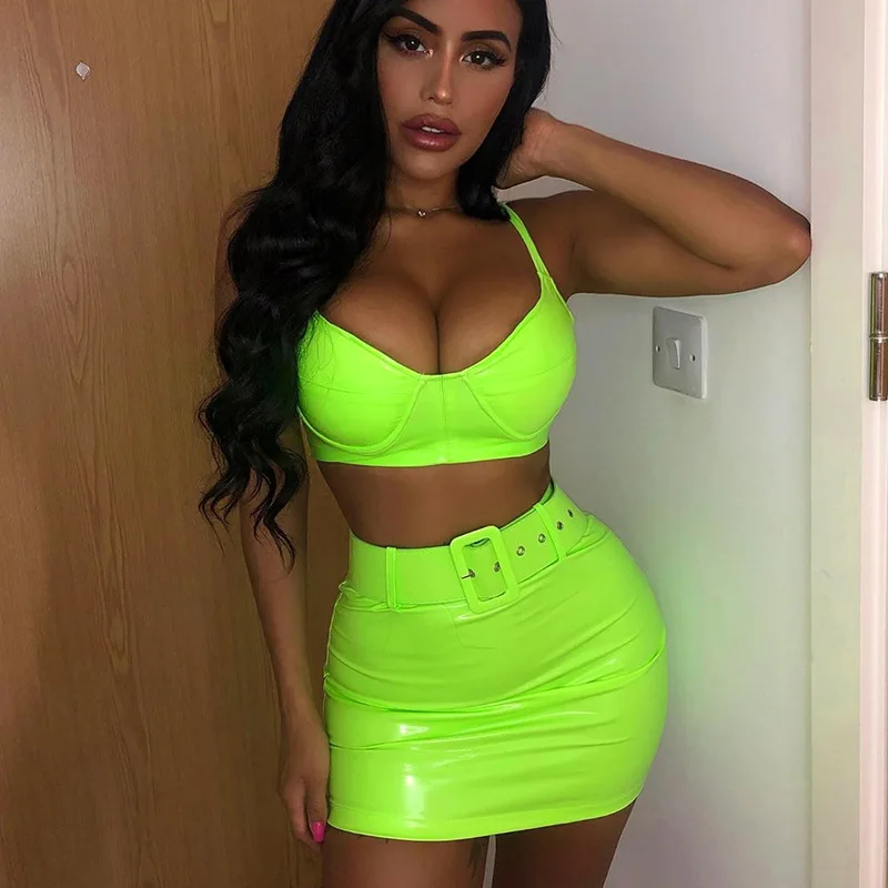 

BKLD Tow Pieces Women Skirt Set 2019 New Summer Festival Clothing Crop Tops PU Leather Clubwear 2 Piece Bodycon Set With Belt