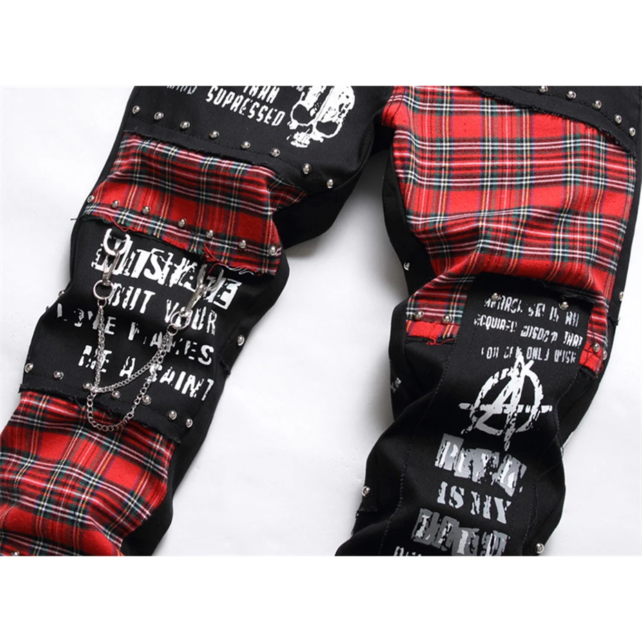 Rivet Punk Denim Jeans Pants Skull Patchwork Streetwear Hip Hop Denim Pants Men