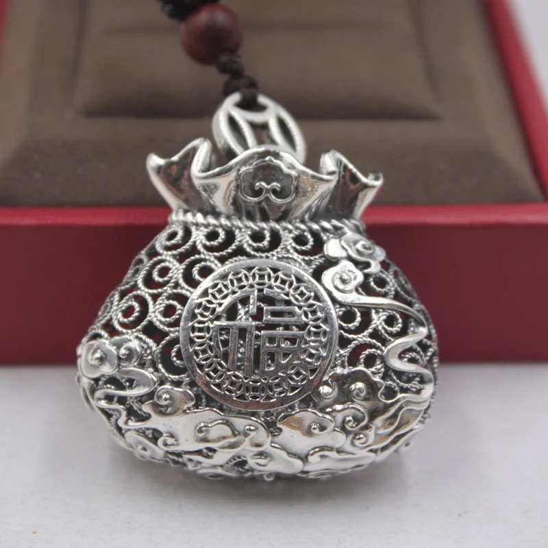 999 Sterling Silver Pendant Fine Silver Jewelry Luck Hollow Phoenix Bag Pendant 15.33g 40x35mm Gift For Women / Men