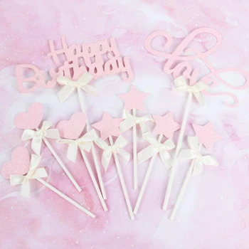 

Pink Star Love Heart Buttterfly Cake Topper Bowknot Happy Birthday Cupcake Toppers Wedding Anniversary Party Cake Decorations