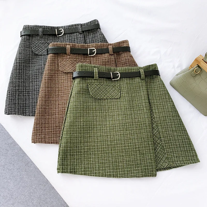 

Wasteheart Winter Autumn Gray Khaki Green Skirts Women Fashion A-Line Mini Skirt Plaid Clothing Plus Size Short Skirt Belt Wool