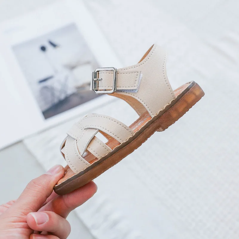 ULKNN Korean-style Sweet Soft-Sole GIRL'S Shoes New Style 2020 Summer Retro Weaving Solid Color Sandals