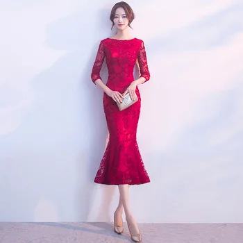 

Burgundy Womens Wedding Party Dress O-Neck Evening Cheongsam Flower Elegant Slim Mermaid Qipao Long Gowns Retro Vestido XS-XXL