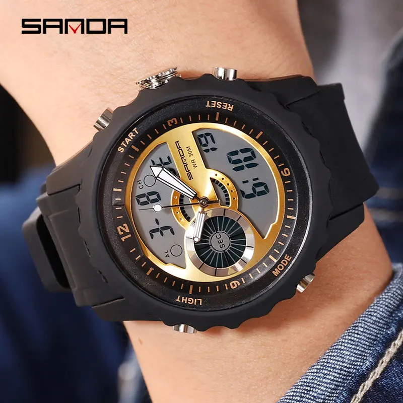 

SANDA 2019 Luxury Fashion Mens Minimalist Watches Dual Display Digital luminous Alarm Running electronic watch relogio new
