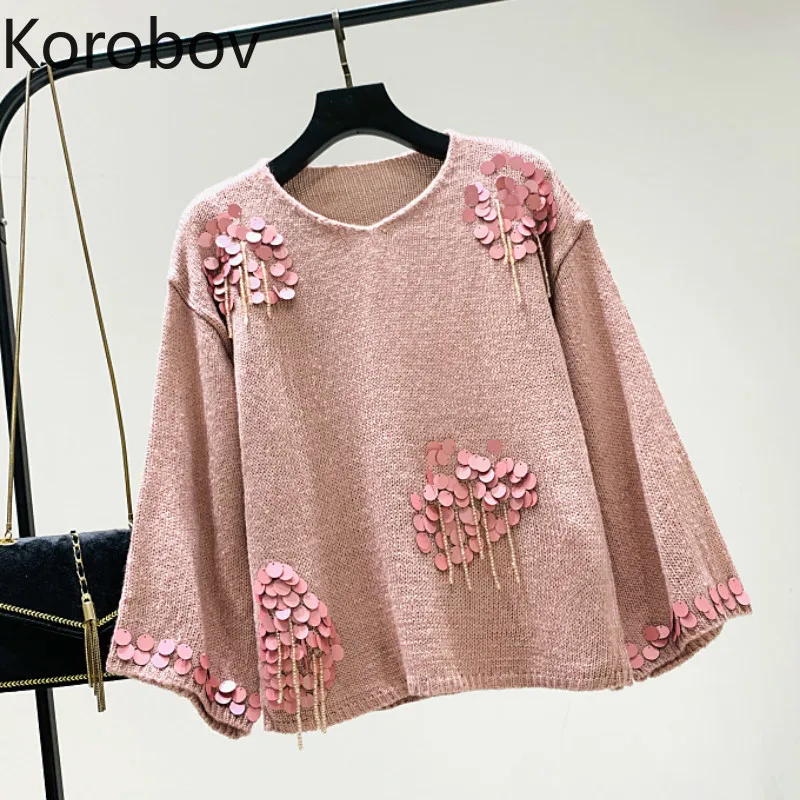 

Korobov Sweet Pink Long Sleeve Women Sweaters Korean Sequined Tassel Hollow Out Pullovers Autumn Winter Crop Sueter Mujer 78986