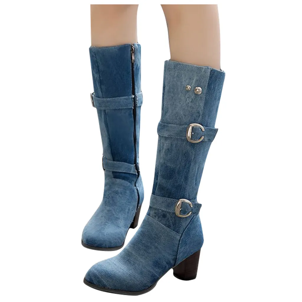 SAGACE/женская теплая обувь на квадратном каблуке модные длинные джинсовые ботинки элегантные весенние женские ботинки без застежки с острым носком, 13 августа