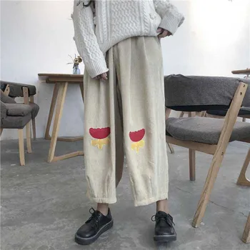

NiceMix Autumn New Design Flower Patch Elastic Waist Ankle-length Pant Women Preppy Style Ladies Cotton Wide Leg Pants Ladies Tr