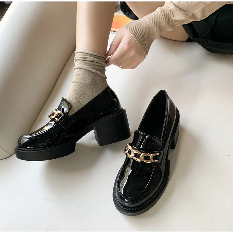Mocasines De cuero grueso con cadena Metal para Mujer, Zapatos De plataforma sin cordones, planos, informales, a la moda - AliExpress