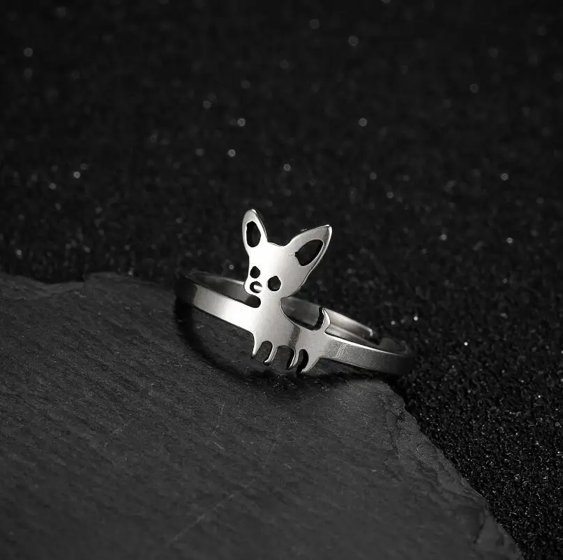 Shuangshuo Chihuahua Finger Rings Adjustable Animal Shape Stainless Steel Ring For Women