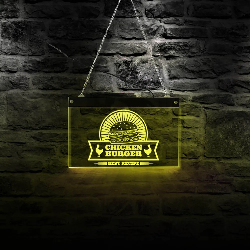 

Best Recipe Chicken Burger Business Logo Lighted Hanging Sign Fast Food Hamburger Rectangle Acrylic Light Board Restaurant Decor