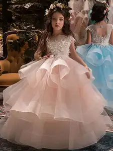 Платье детское бальное с оборками, розовое, с цветочной аппликацией, 2020