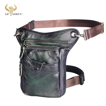 

Original Real Leather Men Design Casual Messenger Sling Bag Fashion Green Fanny Waist Belt Pack Leg Drop Bag Phone Case 211-5