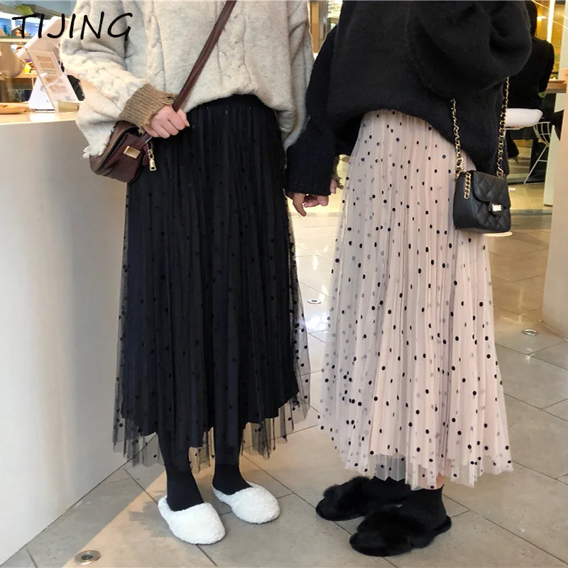 Polka Dot Reversible Velvet Midi Skirt TWO SIDES Womens Autumn Winter High Waist Long A-line Pleated Skirt Female TJ101