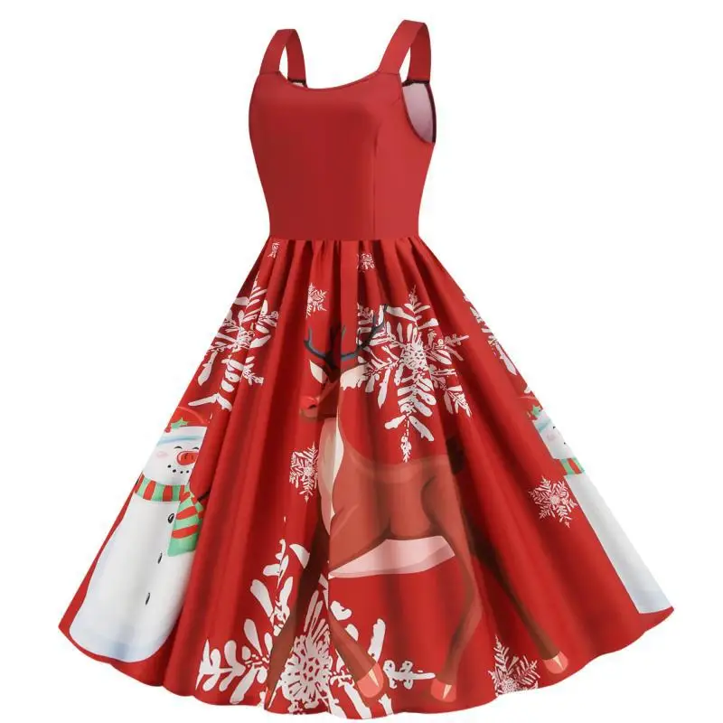 

Christmas Dress Snowman Elk Print Women 2020 Summer Vintage Xmas Party Sling Party Positioning Red Elegant Printing Dress Women
