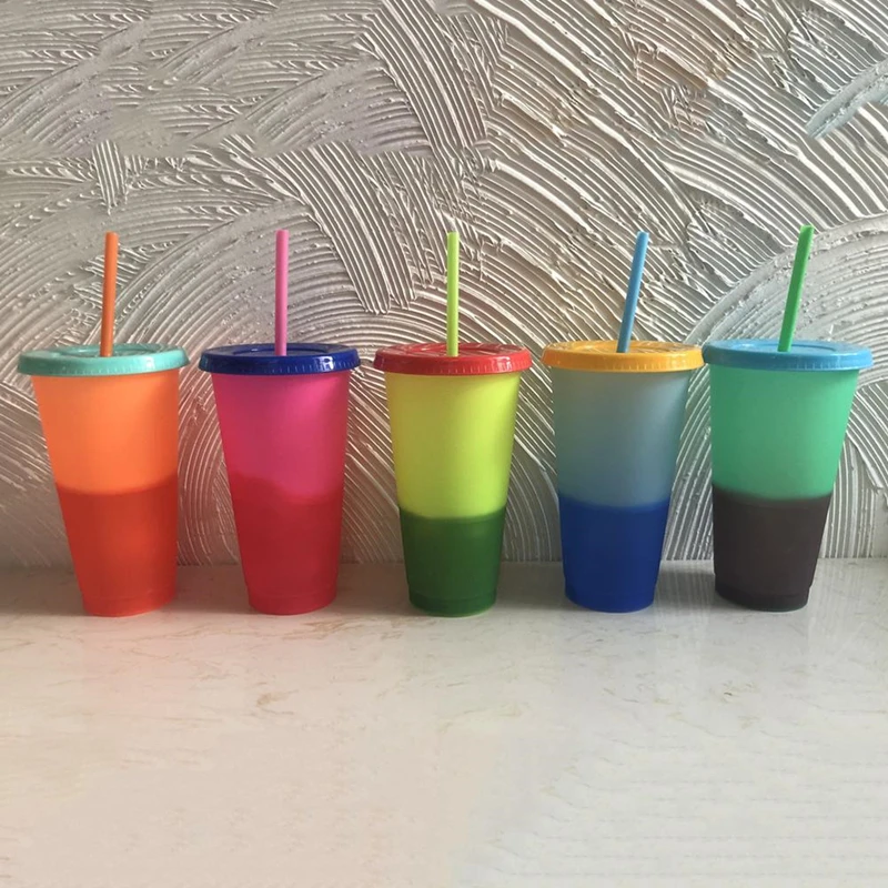 

710ML PP Temperature Magical Color Change Cups Colorful Cold Water Color Changing Coffee Cup Mug Water Bottles With Straws 5pcs