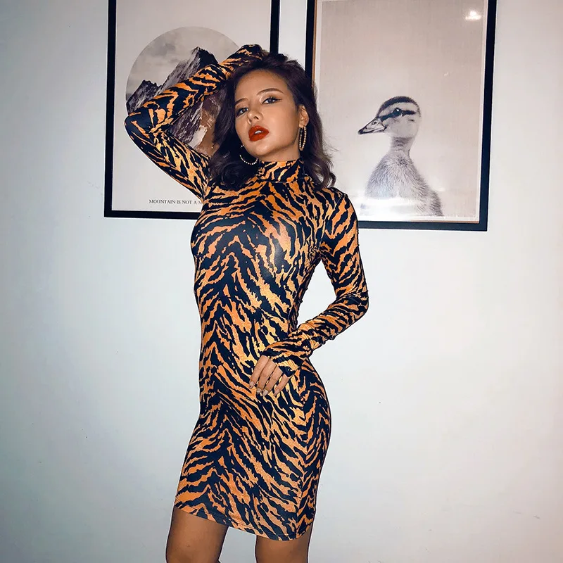 Shestyle Stand Collar Tiger Print Sexy Dress Women Long Sleeve Sheath Striped Turtleneck Evening Party Dresses Dropshipping 2019 | Женская